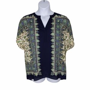 Rose & Olive 1X Navy Boho Print Top Blouse